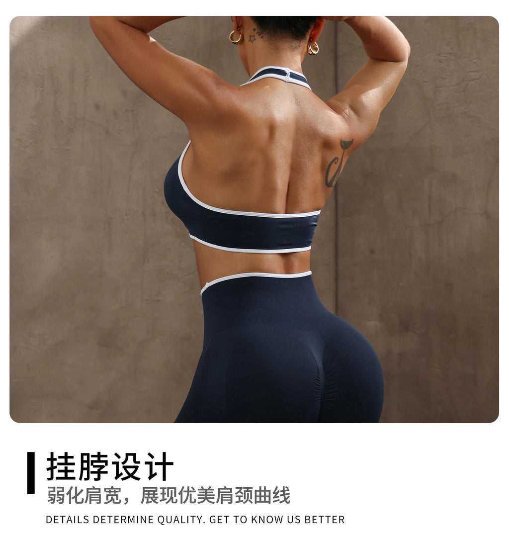 ZHEJIN 2 Piece Yoga Set Women Contrast Trim Halter Sports Bra High
