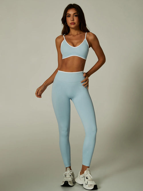 Seamless Yoga Set Women 2 Piece Gym Set Contrast Trim Sports Bra High