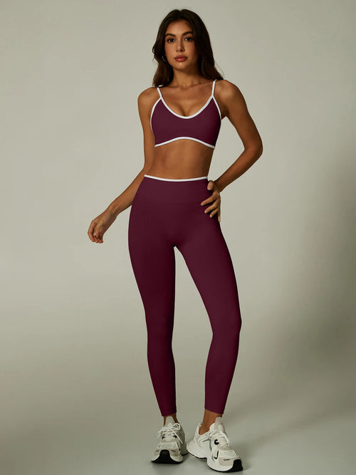 Seamless Yoga Set Women 2 Piece Gym Set Contrast Trim Sports Bra High