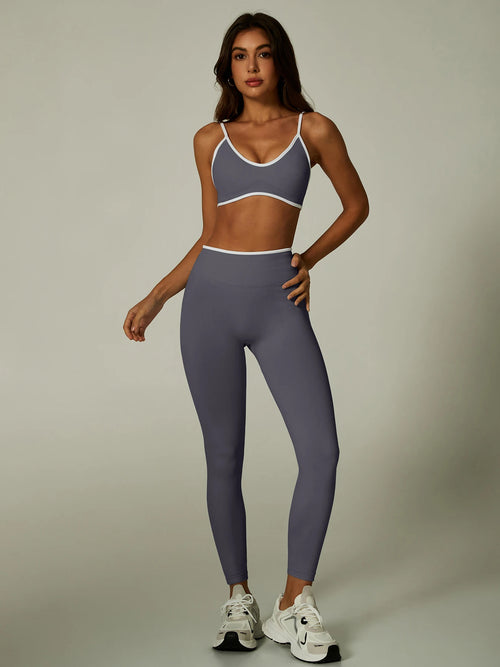 Seamless Yoga Set Women 2 Piece Gym Set Contrast Trim Sports Bra High
